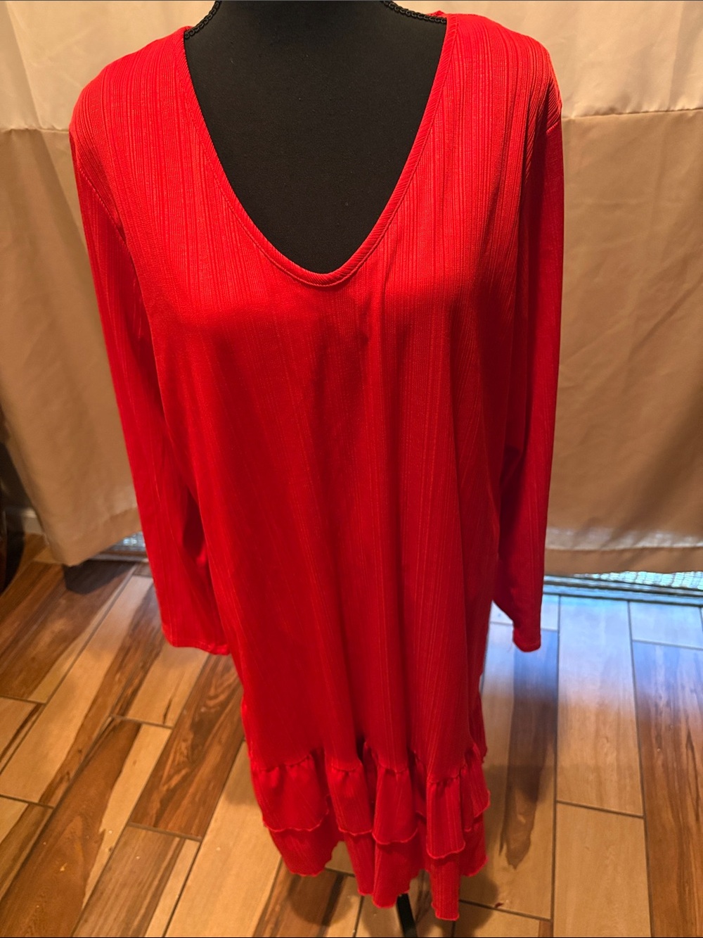 Ashley Stewart Red V-Neck Long Sleeve Ruffle-Hem Dress size 14-16.